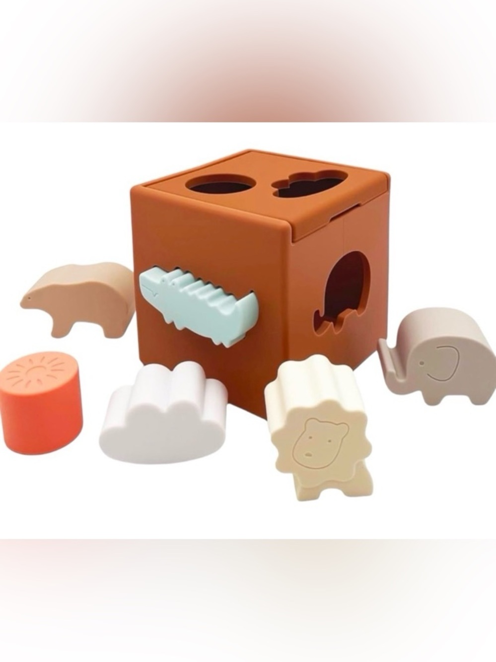 Brown Animal Shape Sorter Cube with 6 Pastel Colored Pieces